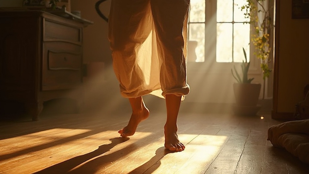 Morning barefoot movement on warm timber floors