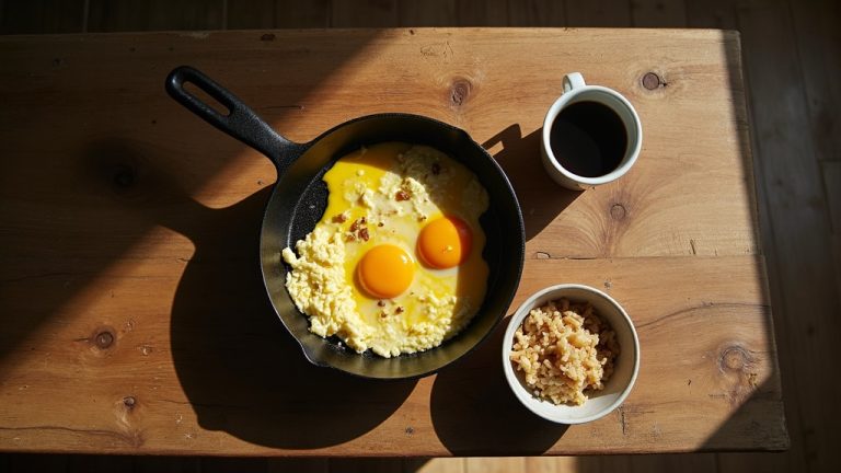 Morning breakfast scene with scrambled eggs, sauerkraut, and coffee on a timber table in warm natural light