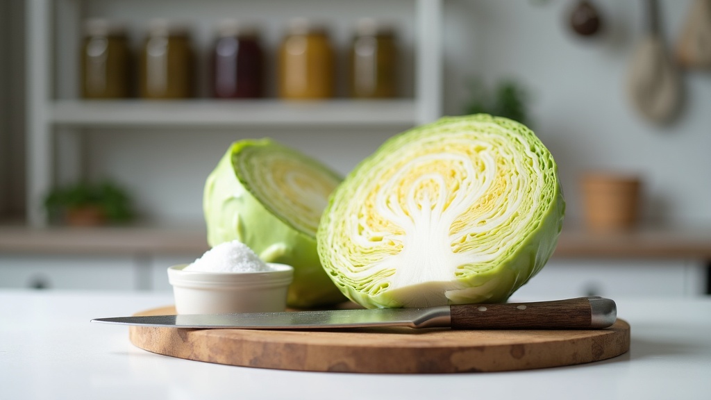 Halved green cabbage on rustic wooden cutting board with sea salt in warm golden hour kitchen light