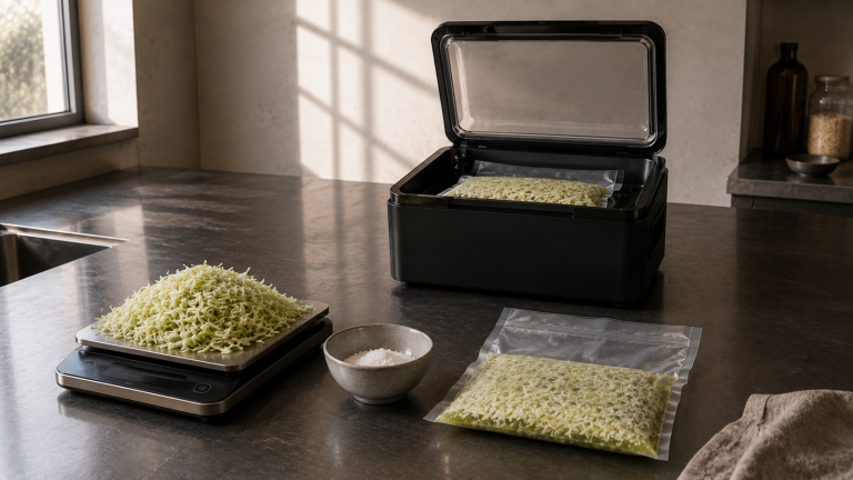 A black chamber vacuum sealer open with a flat sealed bag of shredded cabbage inside, a bowl of salt and shredded cabbage on a scale in the foreground, on a dark steel kitchen bench in soft window light.