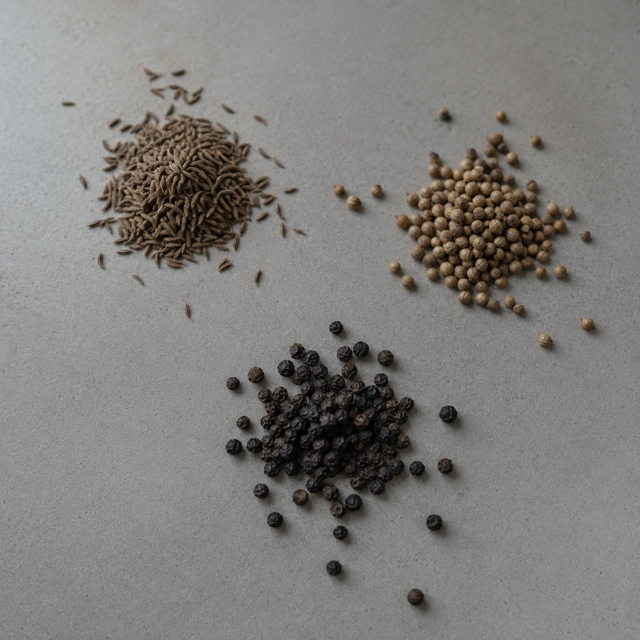 Overhead still life on a matte neutral surface. Three small loose piles of whole dried spice: caraway seed top left, coriander seed top right, black peppercorns bottom centre. Soft Nordic window light from the upper left. Scattered seeds at the edges of each pile.