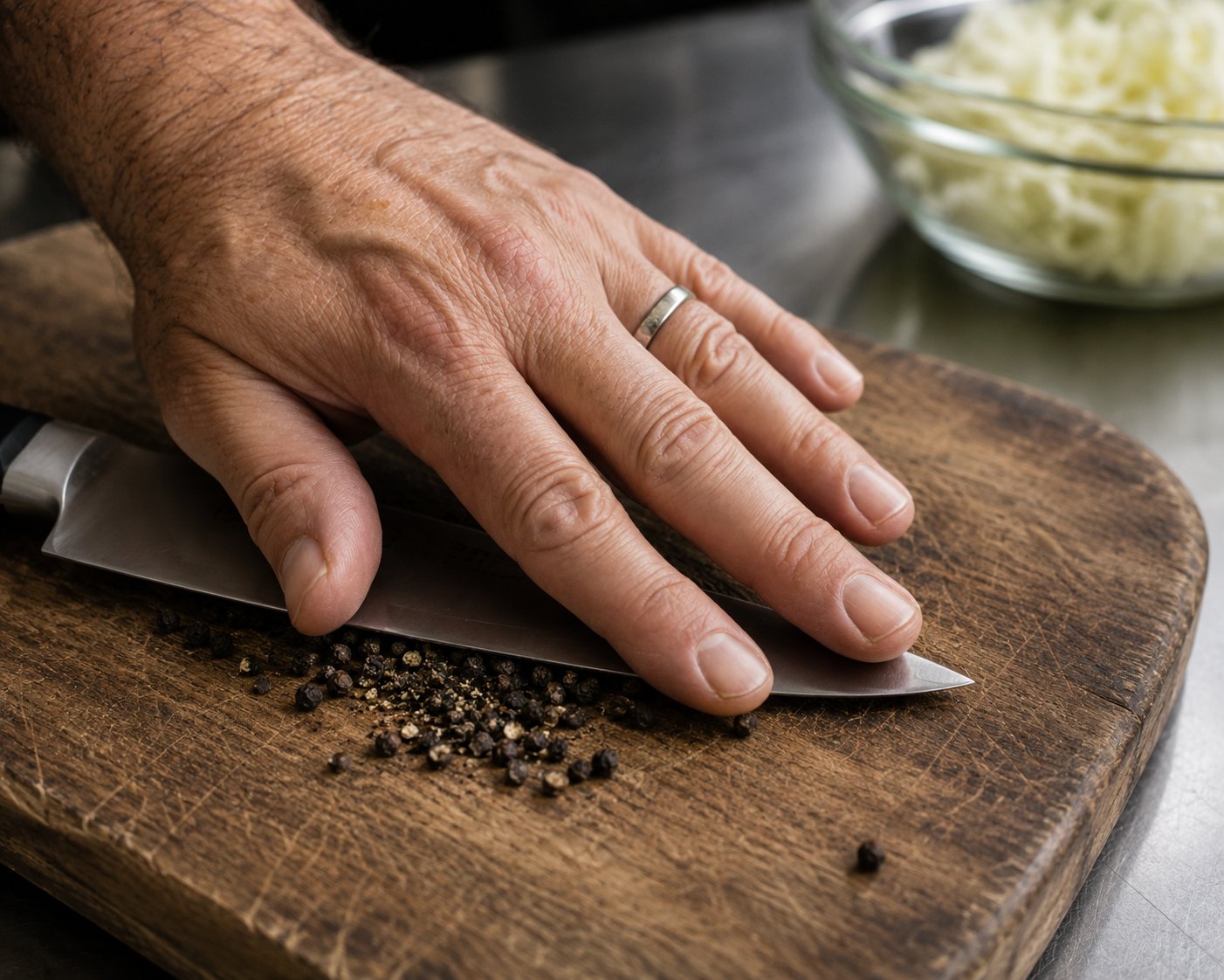 A close shot of an experienced chef's hand, palm down, pressing the heel of a small kitchen knife over black peppercorns on a worn wood board. A glass bowl of shredded cabbage sits out of focus in the background. Soft window light from camera left.